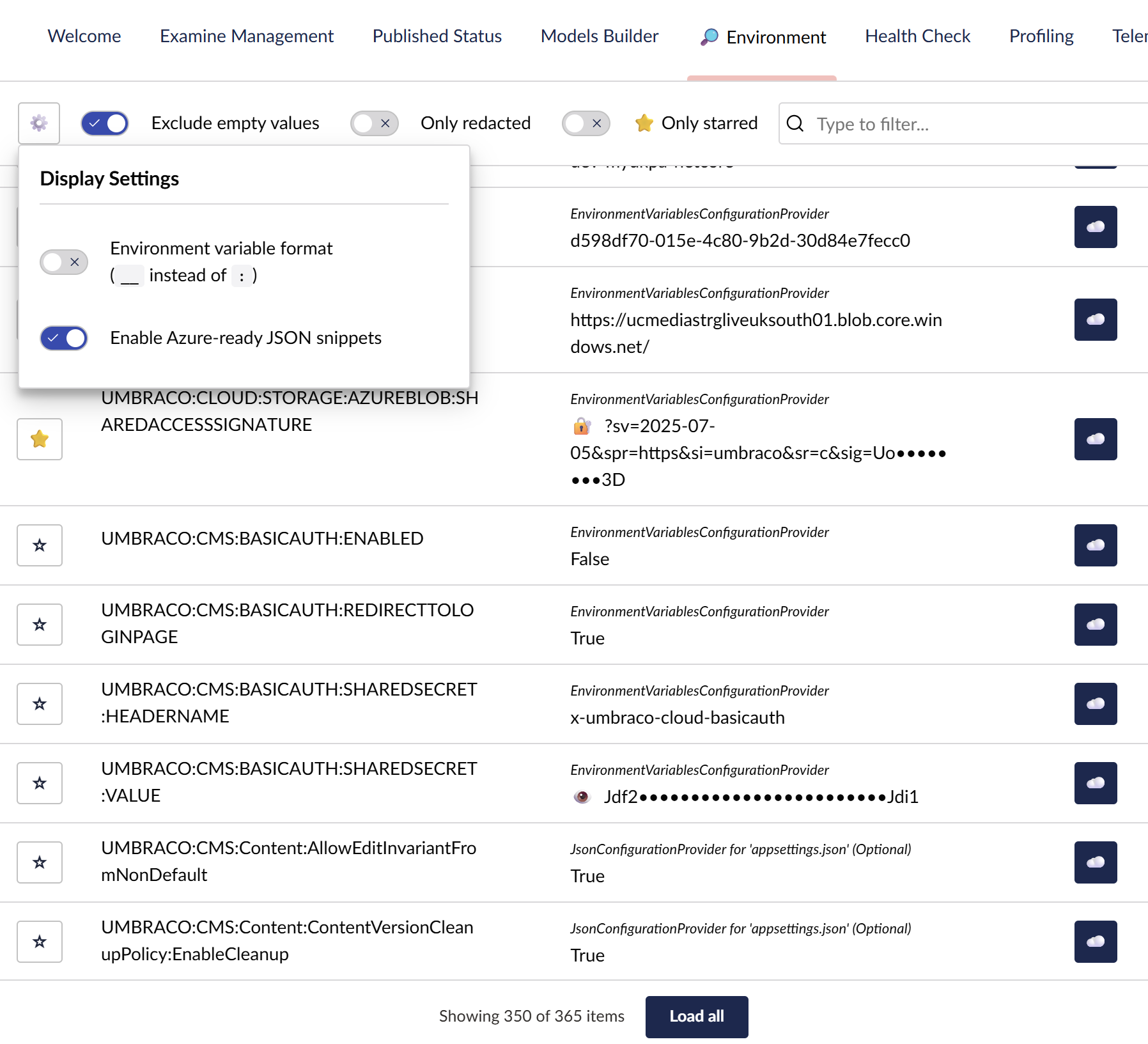 Screenshot with an example of some variables, values and their sources