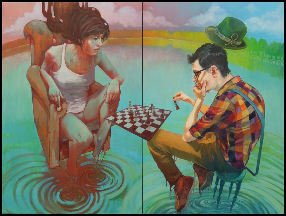 A fugacidade das impressões - Bezt: Check Mate - colaboração com Natalia Rak, óleo sobre duas telas, 120x80 + 120x80cm de 2012 (Pintura de Etam Cru)