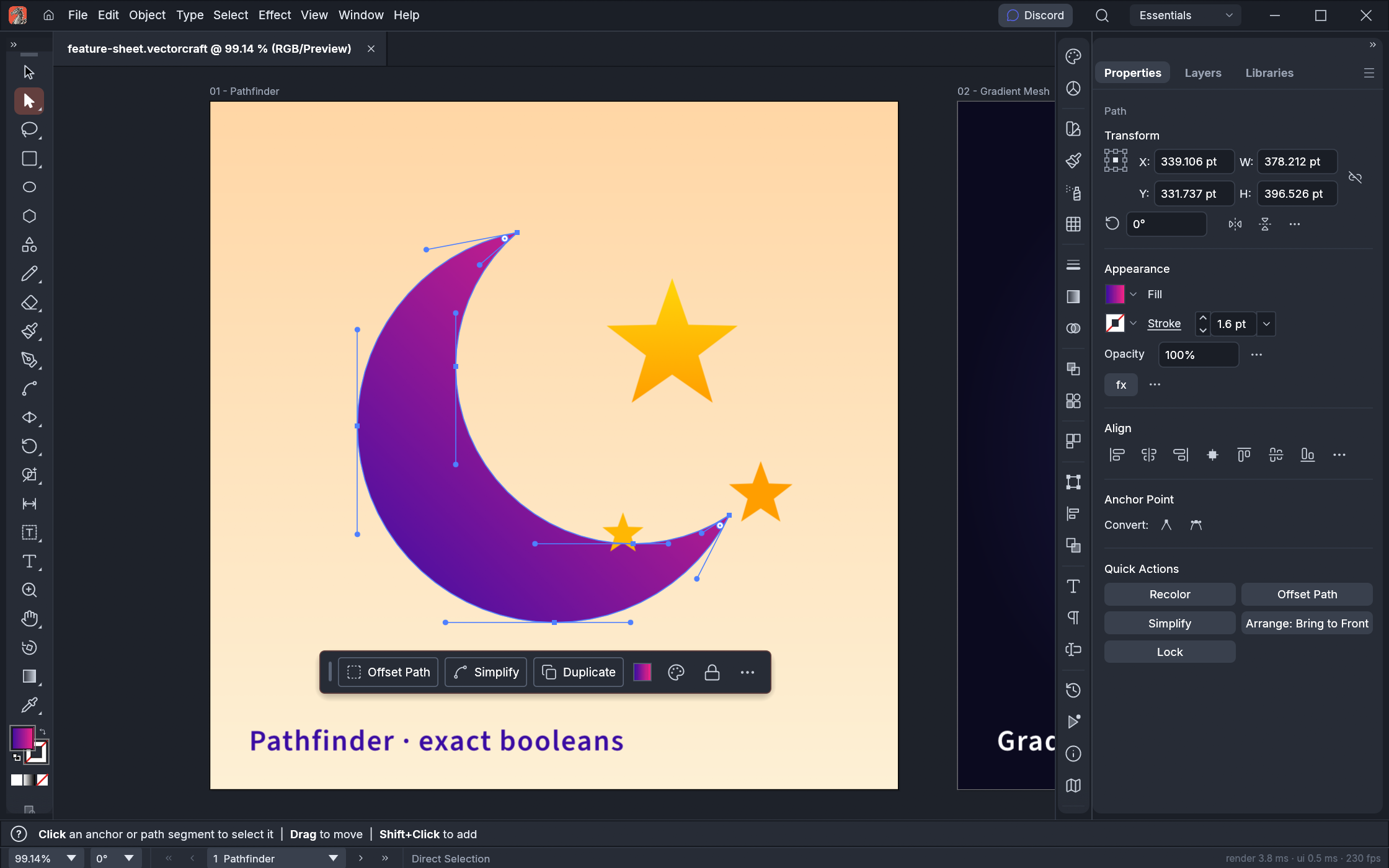 무료 어도비 대체 프로그램 ArtCraft|포토샵·일러스트·프리미어 비교와 사용법 3 VectorCraft 공식 화면: Direct Selection으로 초승달 패스의 앵커 포인트와 베지어 핸들 편집