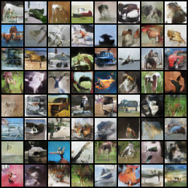 Grid of CIFAR-10 samples generated by DCGAN at epoch 90