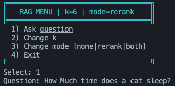 Ollama RAG terminal menu with question, retrieval, and reranking options
