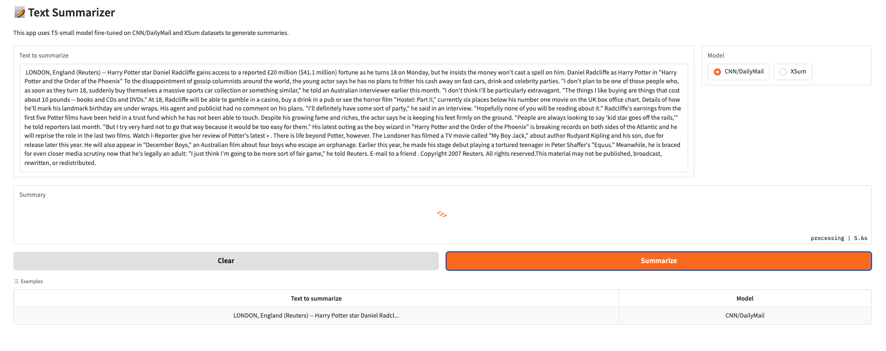 Gradio interface for comparing T5 text summaries