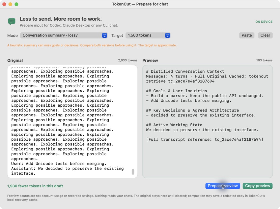Prepare for chat window comparing an authored conversation with a local preview
