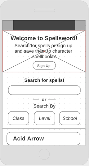 Wireframe of the Spellsword homepage on a phone