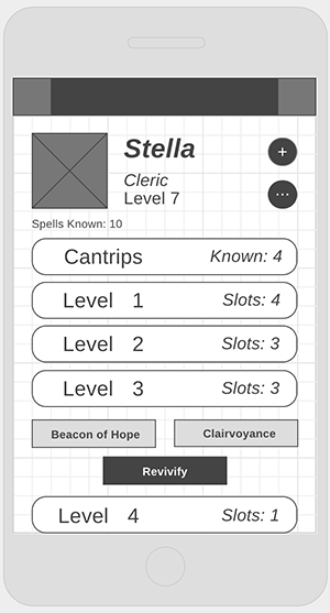 Wireframe of a user's spellbook on a phone