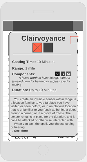 Wireframe of a spellcard modal on a phone