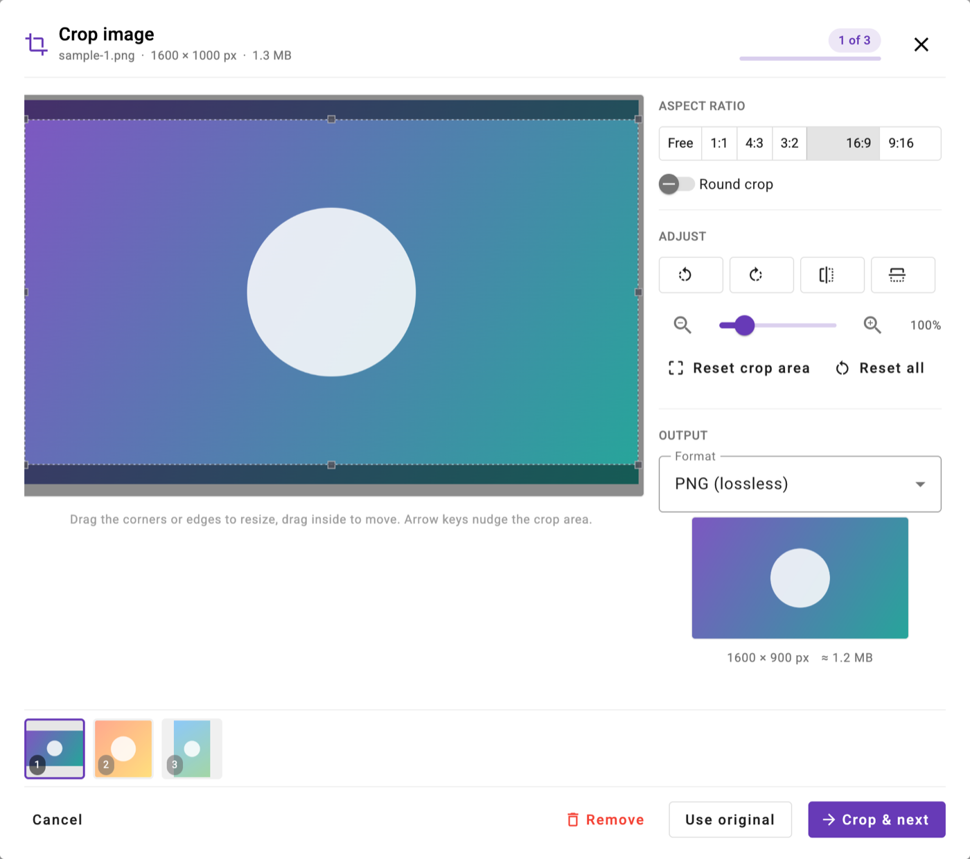 Cropper dialog with aspect ratio, rotate, flip, zoom and output controls