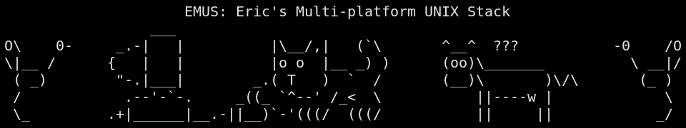 ASCII art mural of two emus facing inward flanking a cat using a computer to the left of a confused cow