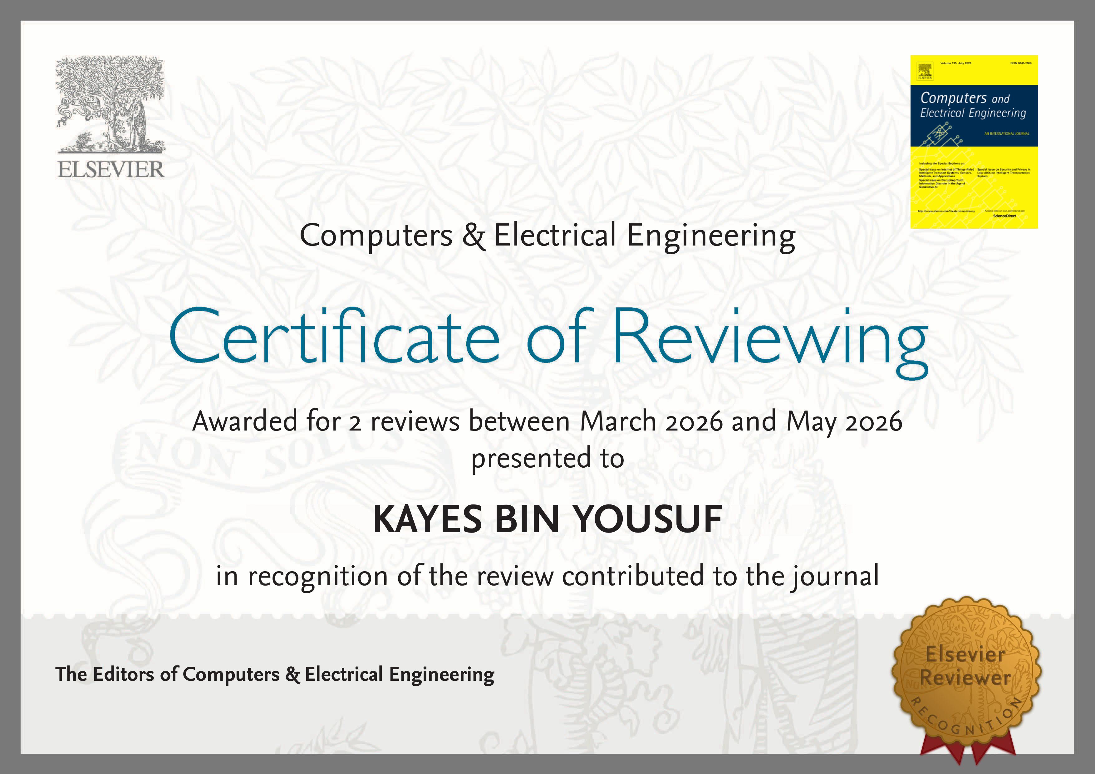 Elsevier Reviewer Certificate