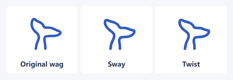 Three enlarged whale tails show the original wag, sideways sway and twisting motion side by side at the same fixed speed.