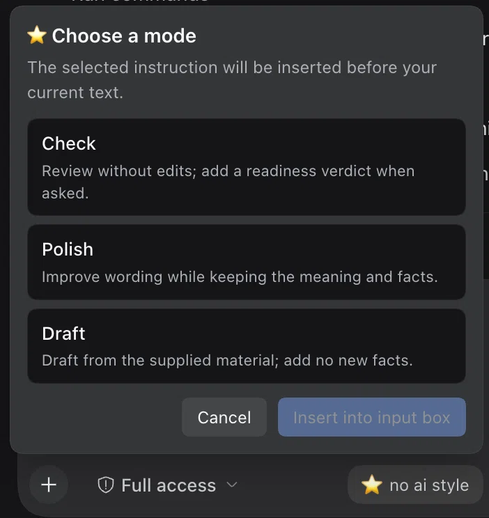The no ai style panel: Check, Polish, Draft