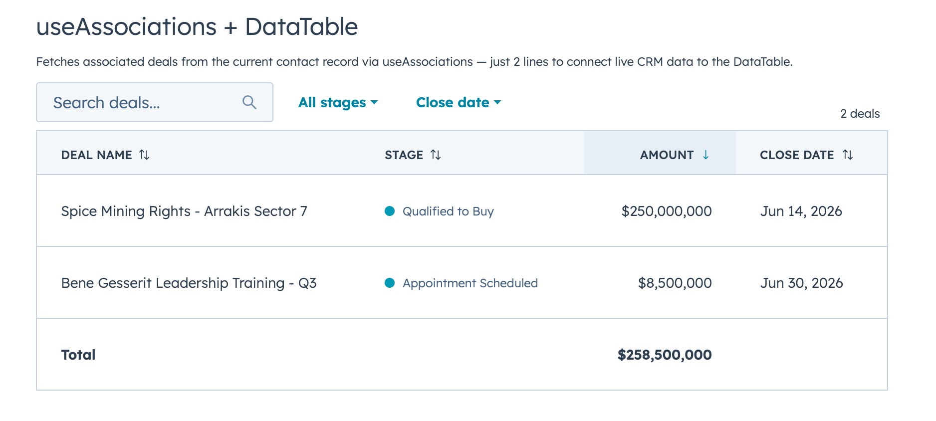 useAssociations + DataTable