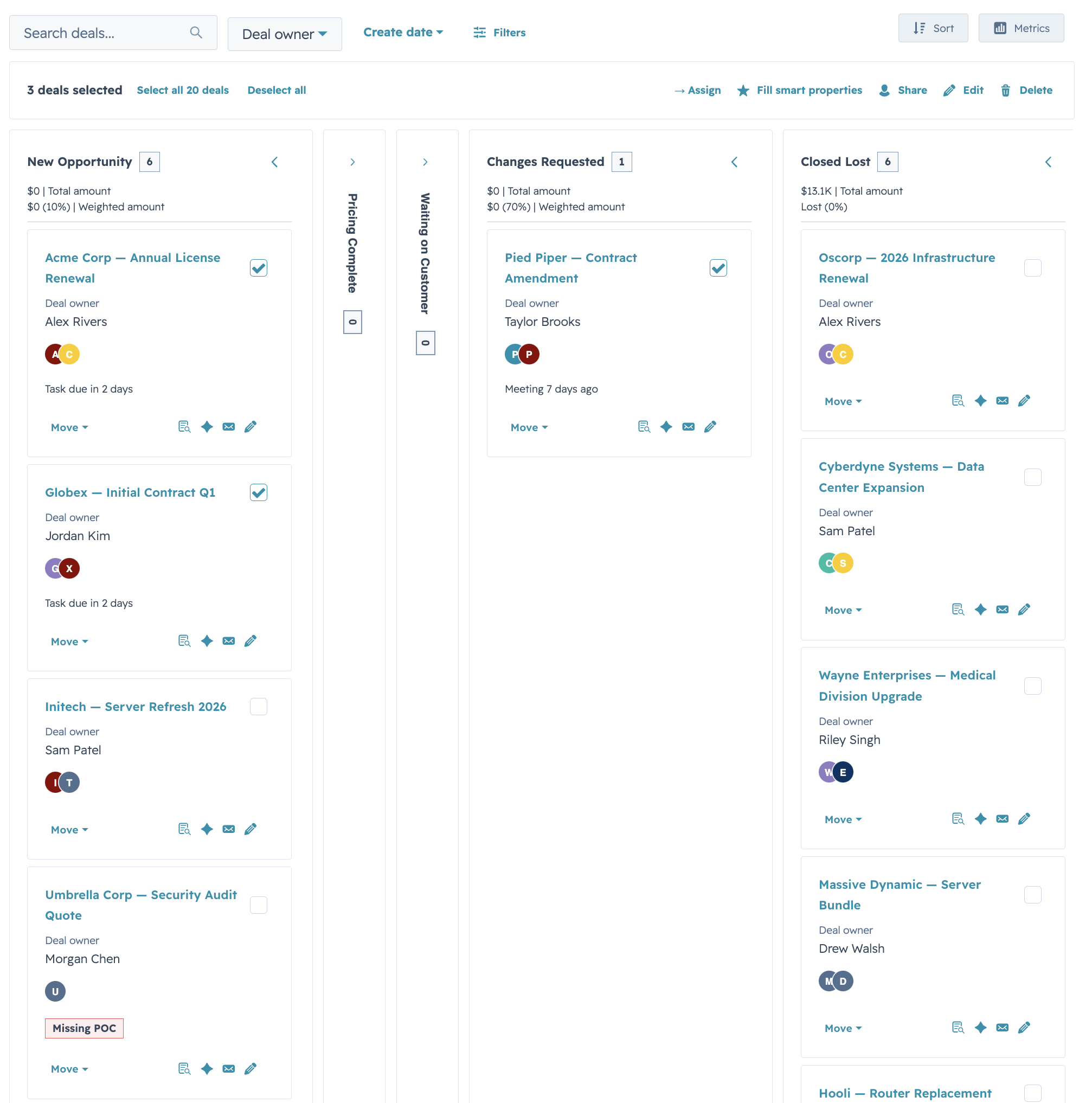 Kanban — HubSpot Deals preset without metrics