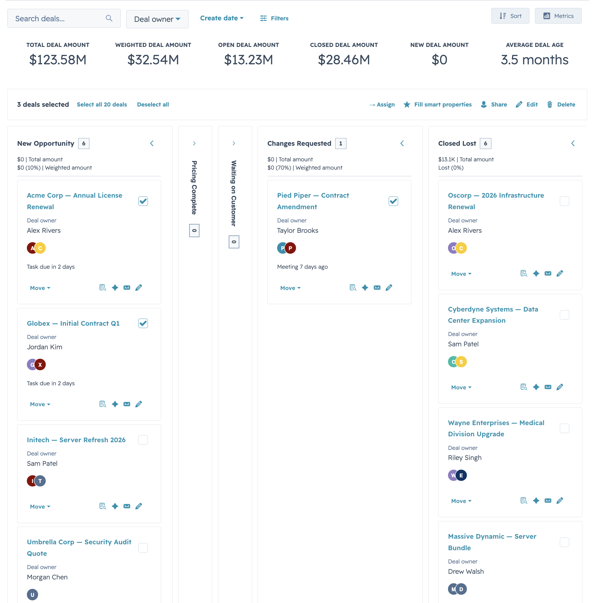 Kanban — HubSpot Deals preset with metrics