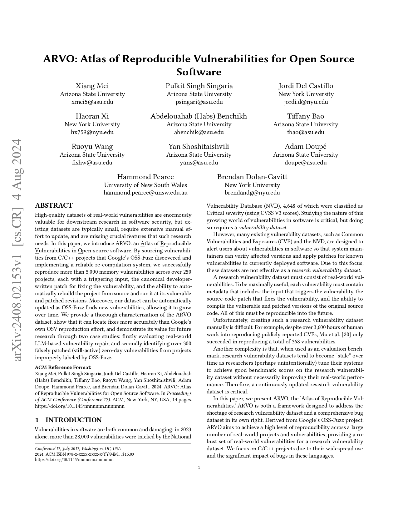 ARVO: Atlas of Reproducible Vulnerabilities for Open Source Software