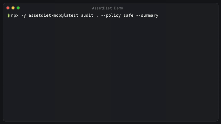 AssetDiet terminal demo showing audit, savings breakdown, and optimization