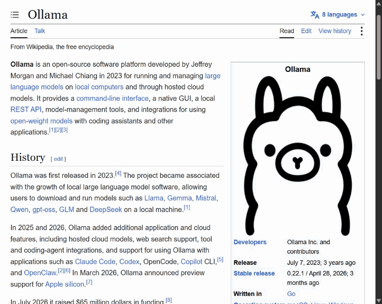 Selecting a paragraph on Wikipedia and translating it into Traditional Chinese in place, with buttons to save it to Obsidian or copy it