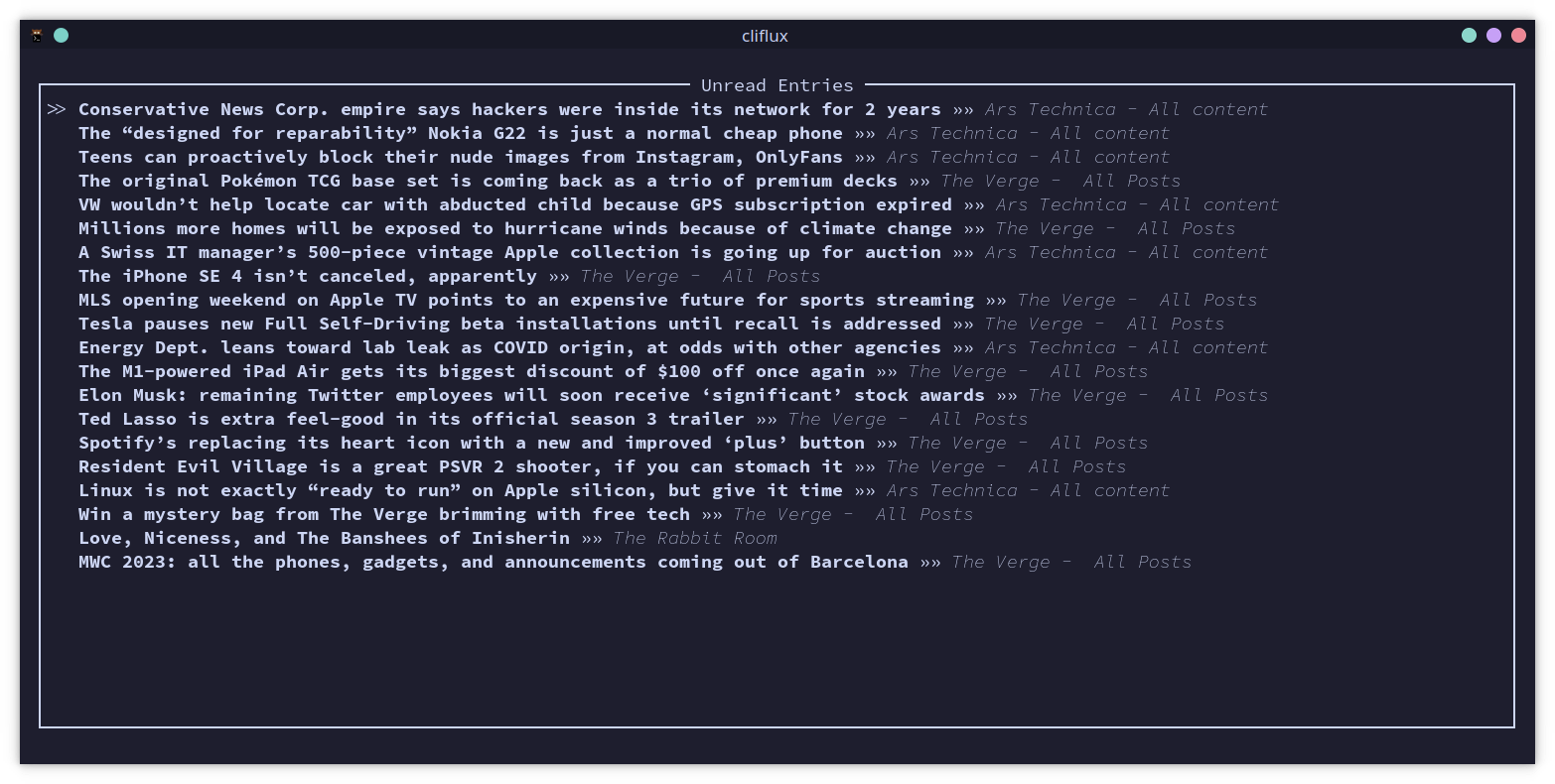 A screenshot of cliflux showing the "unread entries" list
