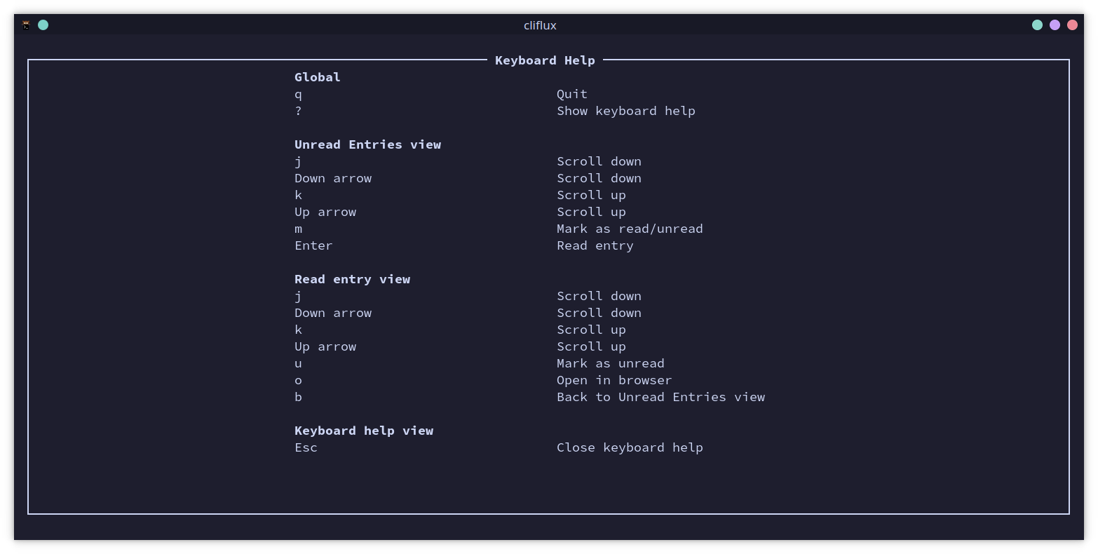A screenshot of cliflux showing the keyboard reference screen