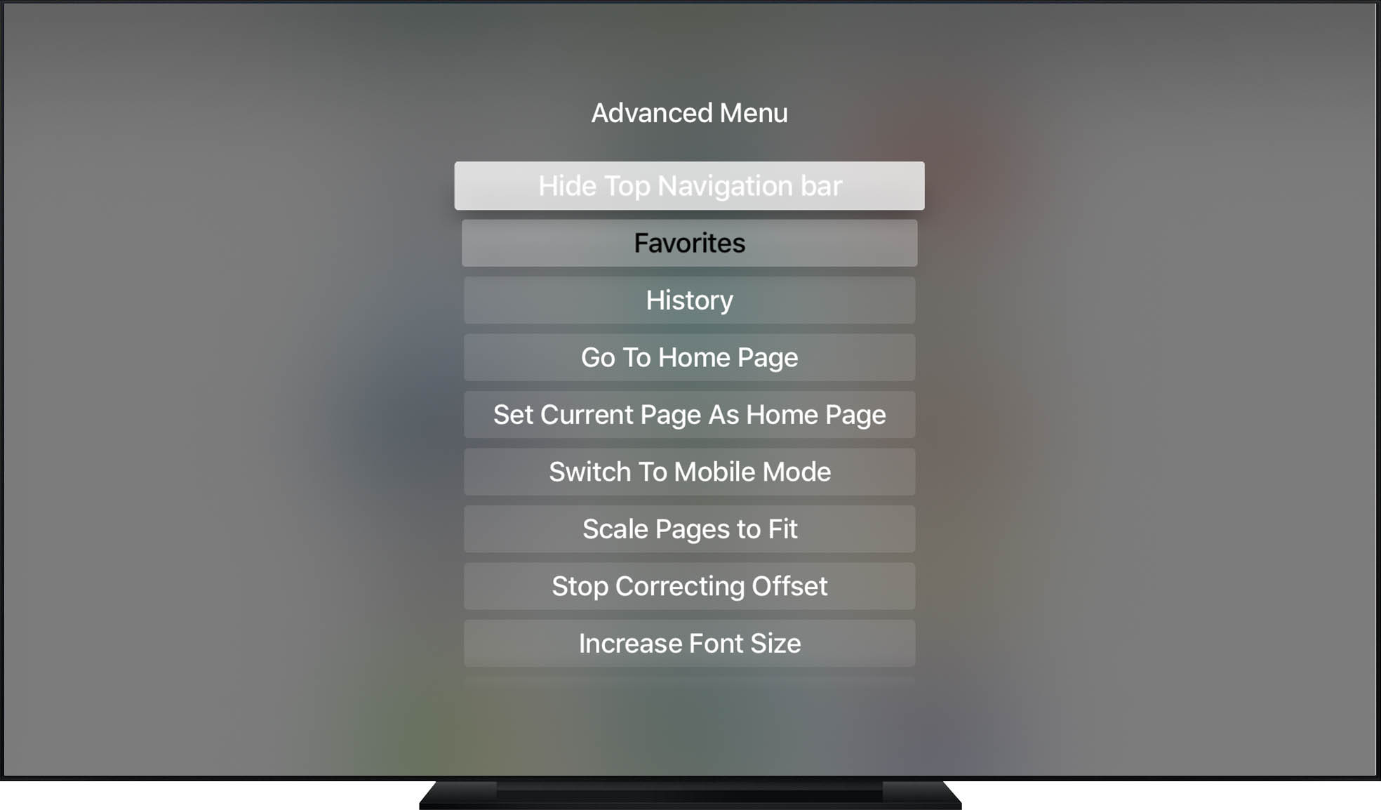Screenshot of advanced menu