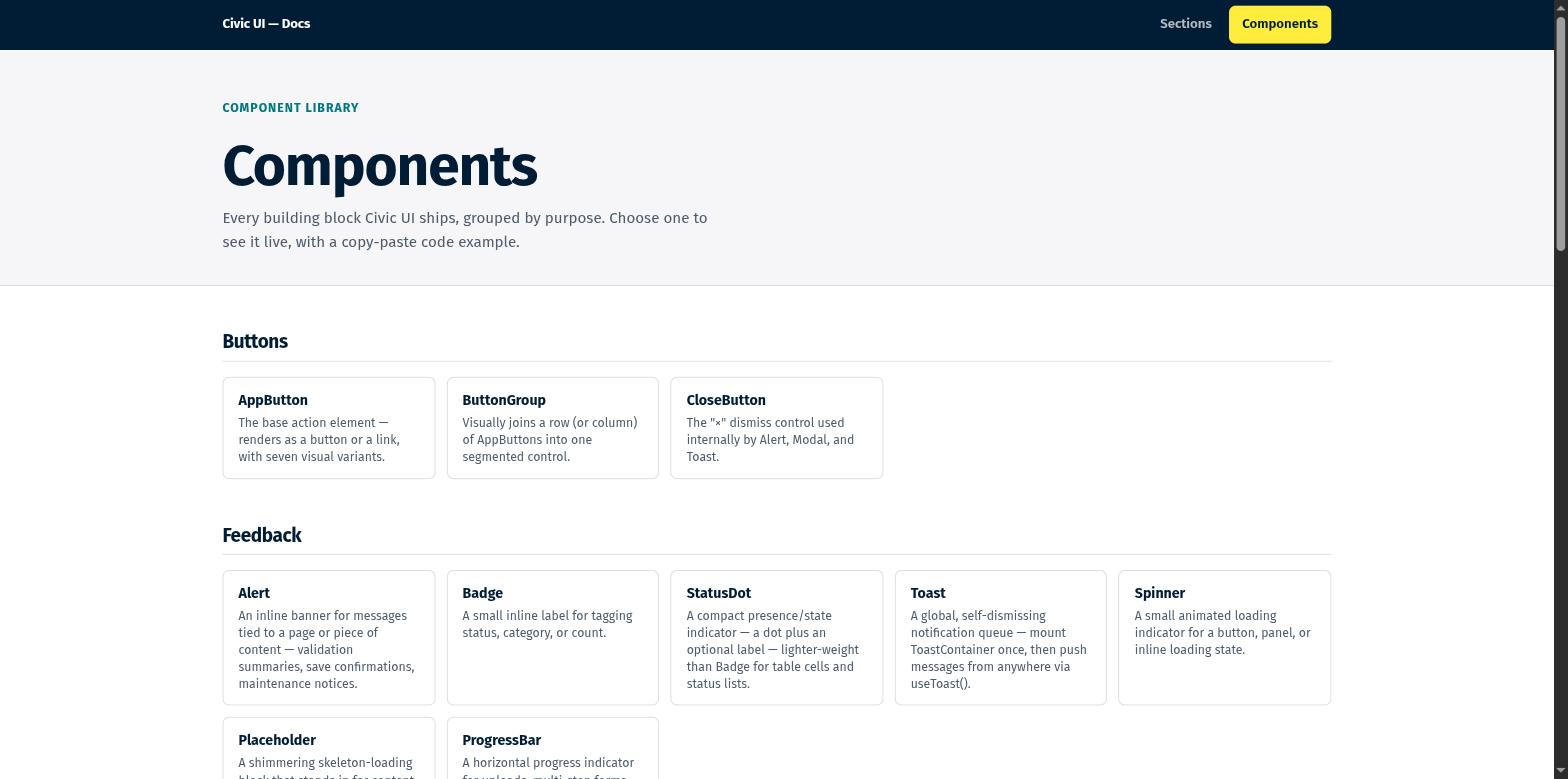 Civic UI playground: component and section catalog