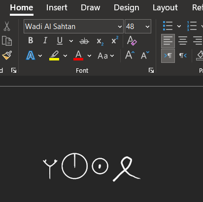 The Wadi Al Sahtan font selected in a word processor, showing several glyphs of the alphabet