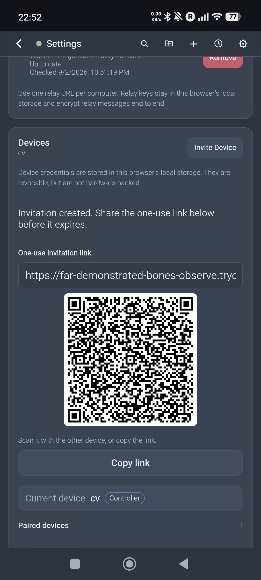 One-use device invitation shown as a QR code