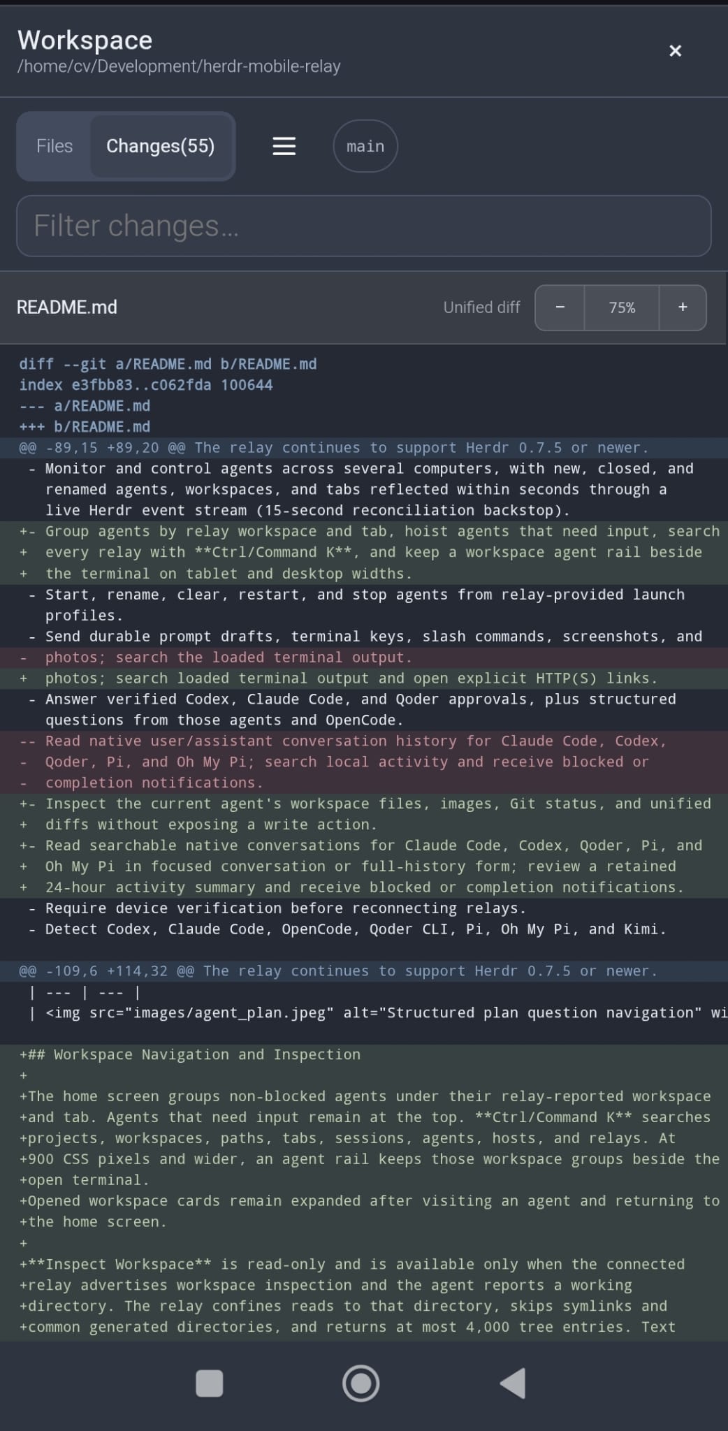 Read-only mobile Git diff with diff-aware colors and zoom controls
