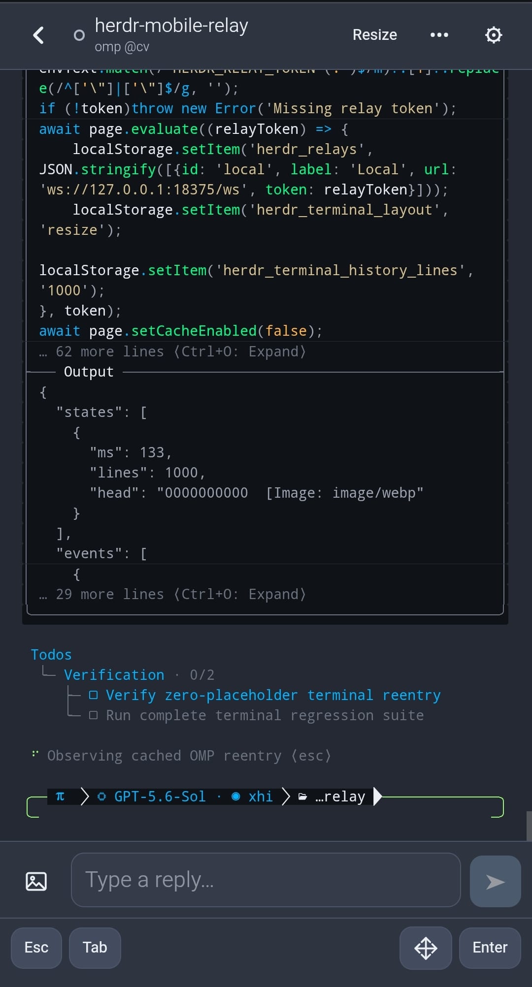 OMP terminal rendered at native mobile width