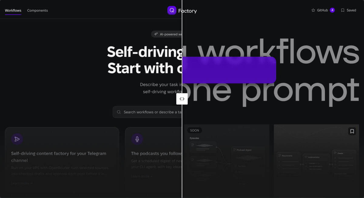 Before/after slider over the QFactory home page. Left, an illustration of the deviations an agent makes when it bypasses the design system: underline tabs, a plain headline, a plain search field and identical cards. Right, the qfactory.io home page built from QFactory