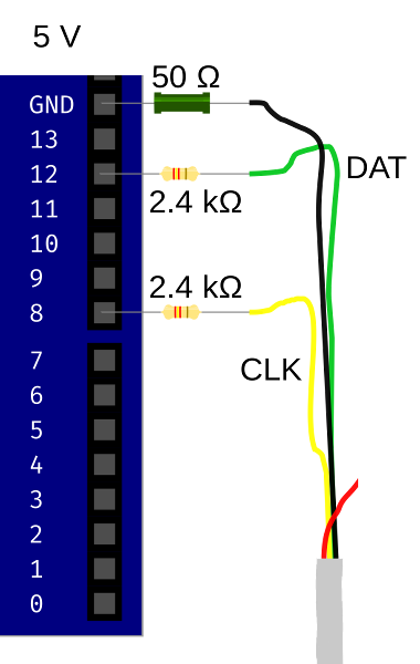 Black to GND via 50Ohm, green to 12 via 2.4kOhm, yellow to 8 via 2.4kOhm