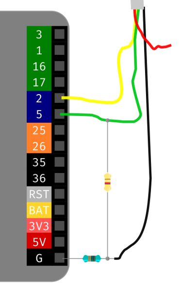 Black to GND via 330Ohm, green to 5, yellow to 2, green to black via 4.6kOhm pulldown