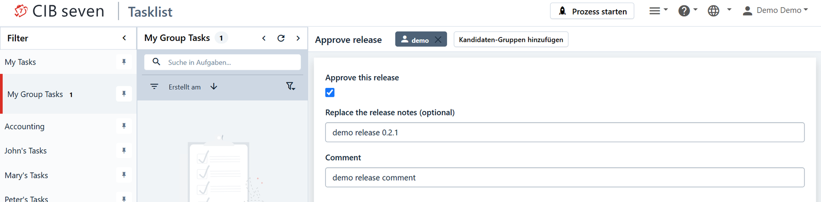 The Approve release task in the CIB seven Tasklist, with the approval checkbox, an optional field to replace the drafted release notes, and a comment field