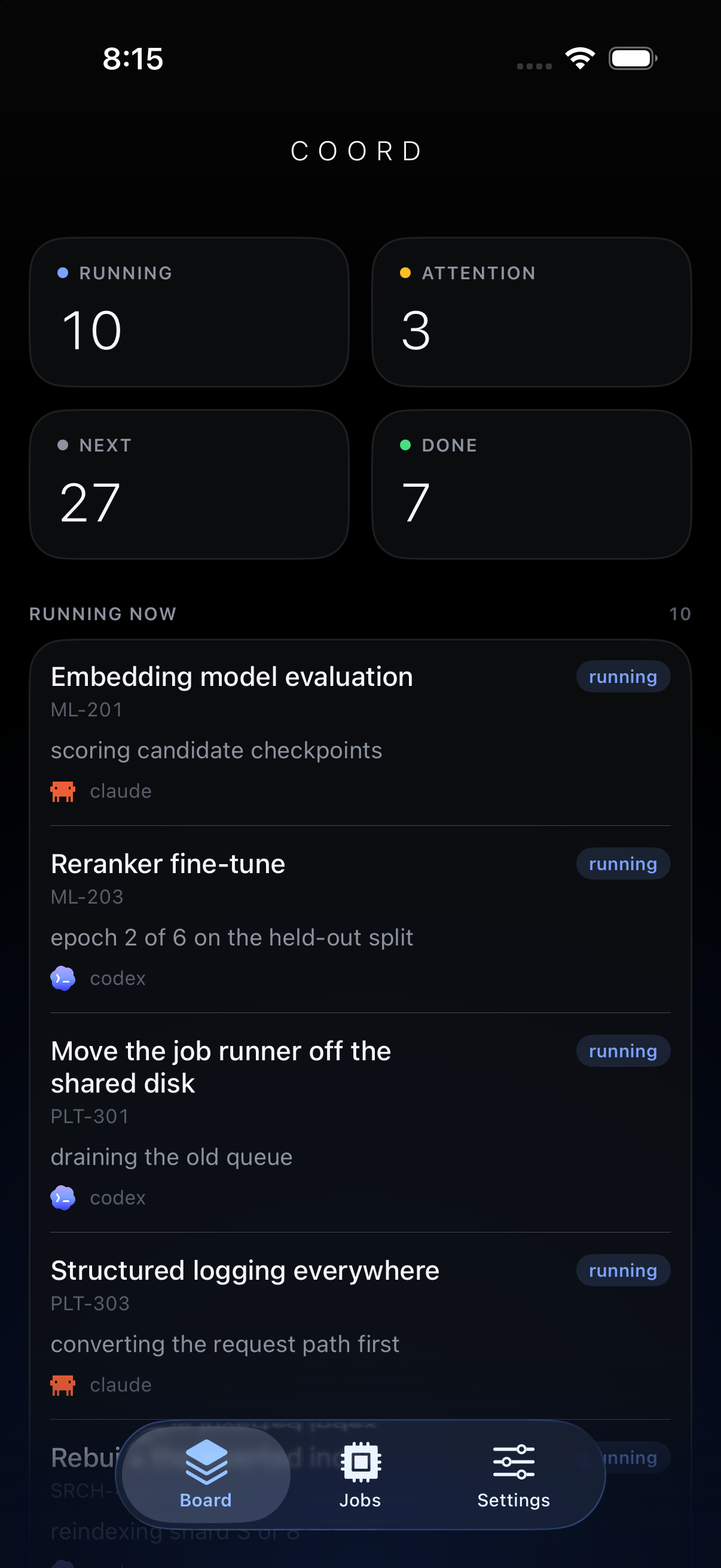 Coord Cockpit for iOS: the COORD wordmark, four metric tiles with tone-coded dots for running, attention, next and done, then a running-now list where each row carries its agent mark, id, current step and owner.