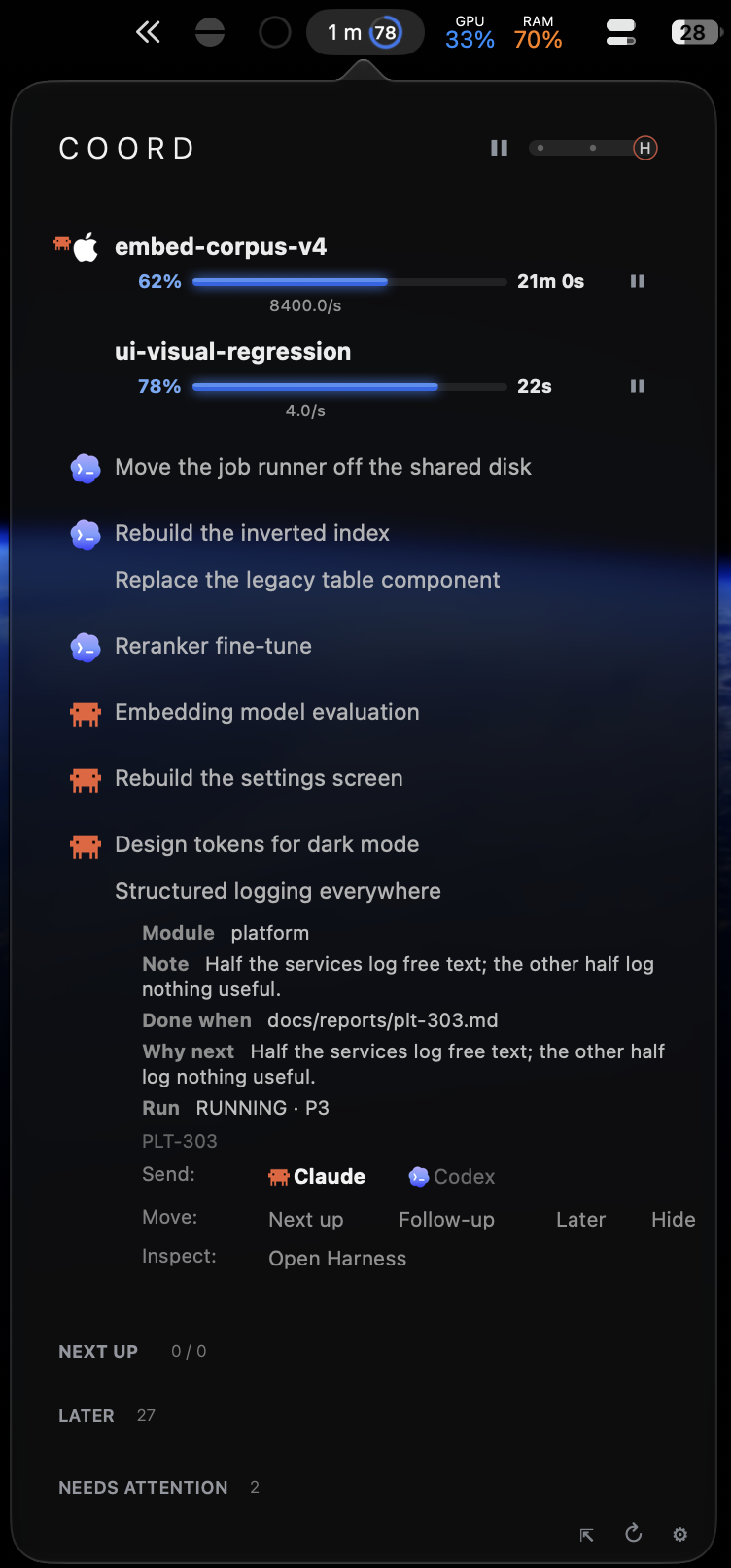 COORD menu-bar panel: the status-bar ring showing elapsed time and percentage, two local jobs with live progress and rate, claimed work by lane, and one row expanded to show its note, proof path and action buttons.