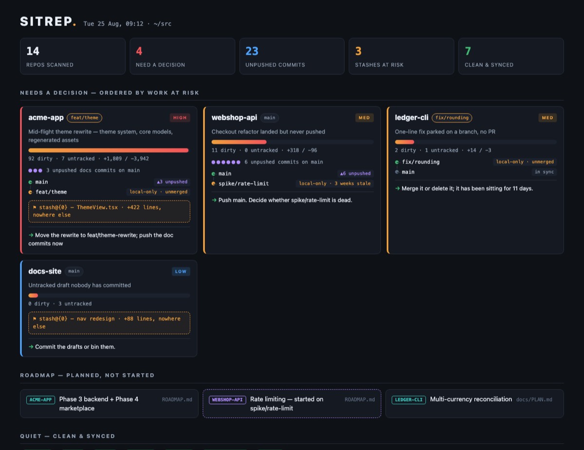 An example sitrep report: stat tiles, then risk-striped repo cards with dirty-tree meters, branch lanes and stash flags