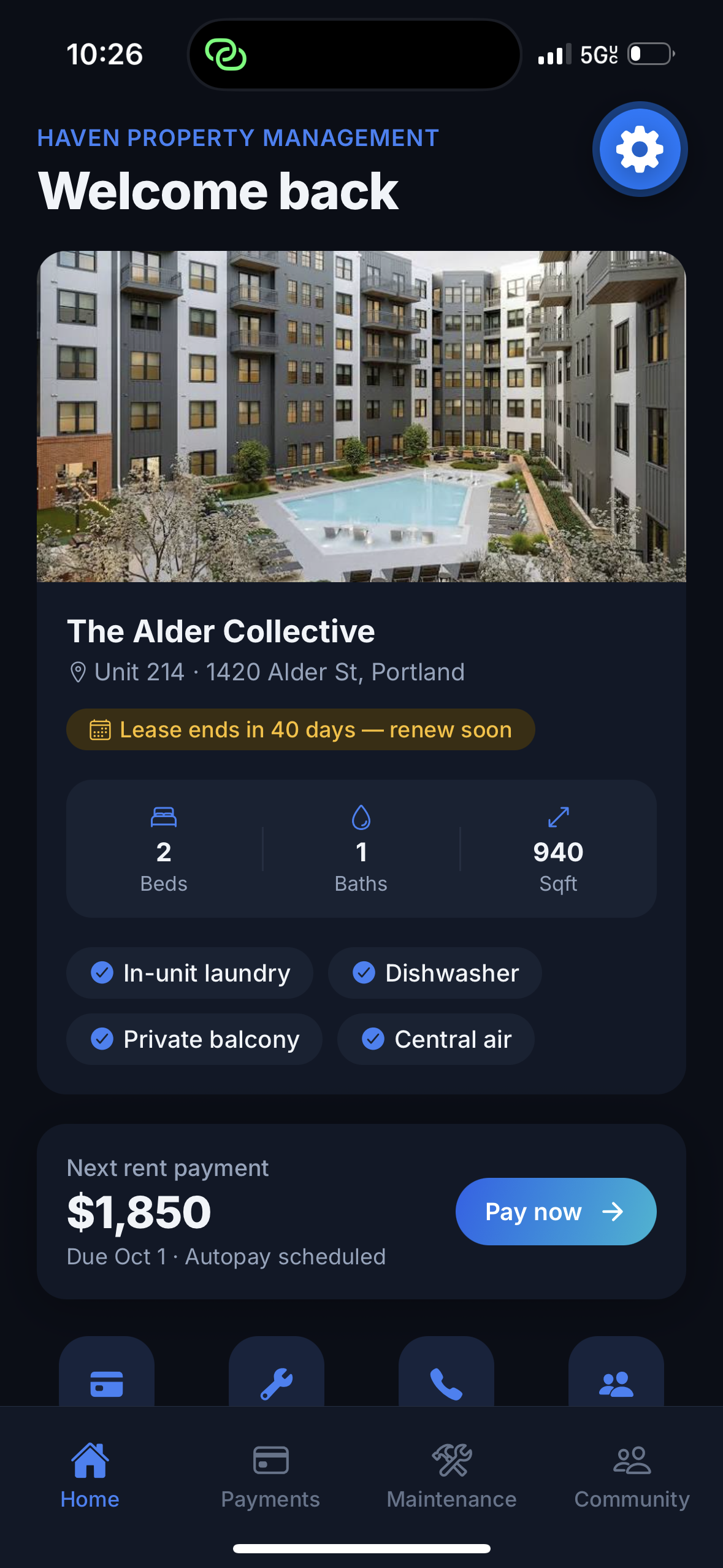 Haven Resident Portal app — Home screen with unit details and rent payment