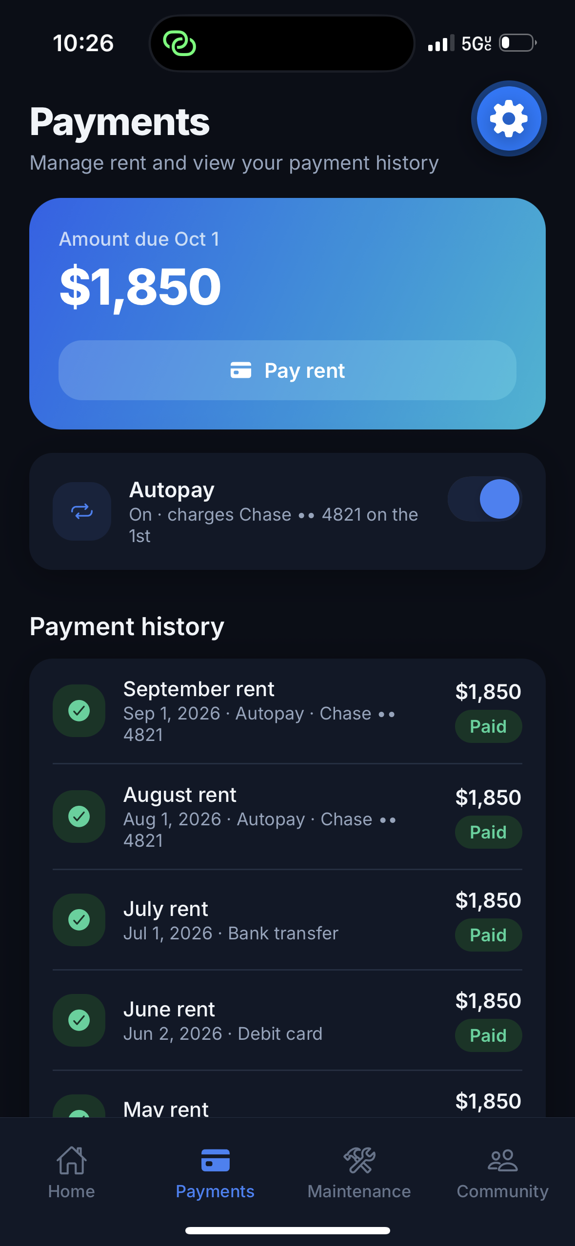 Haven Resident Portal app — Payments screen with autopay and payment history