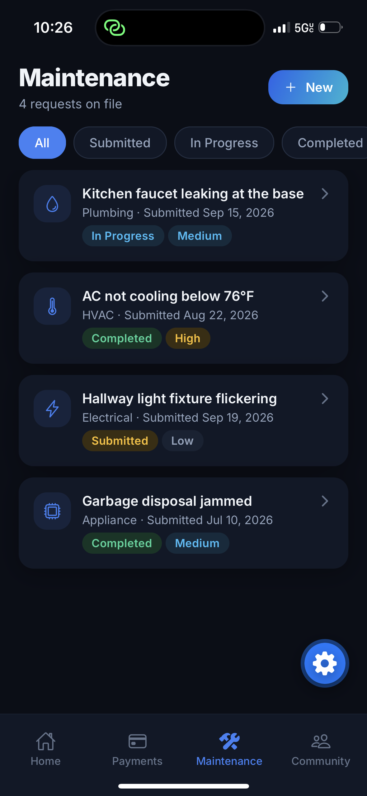 Haven Resident Portal app — Maintenance requests with live status tracking