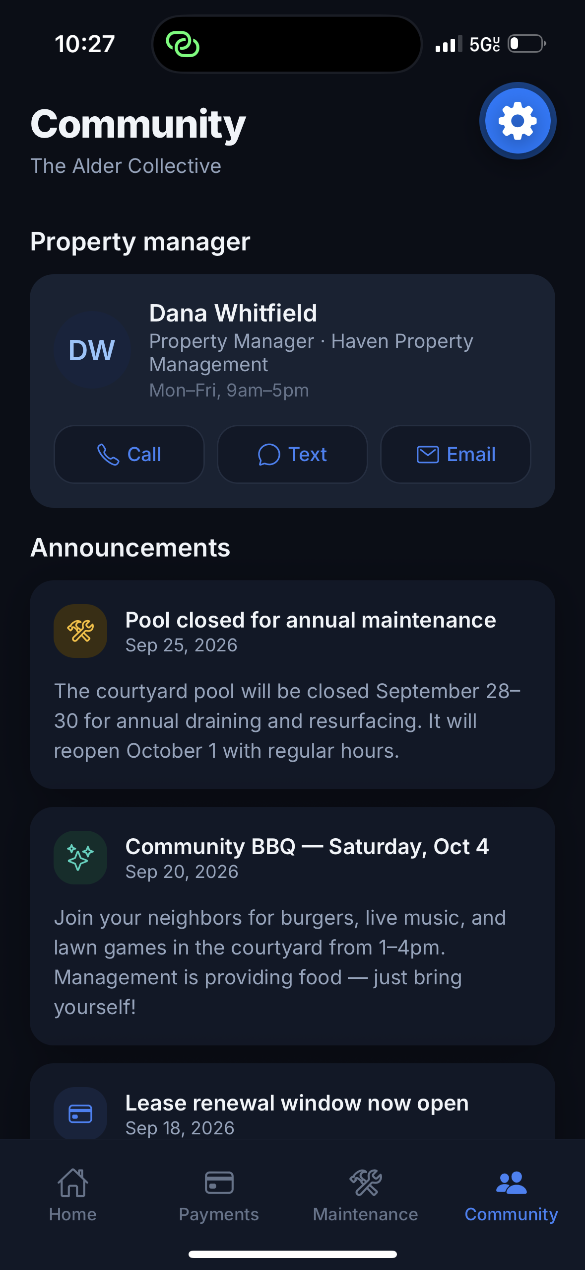 Haven Resident Portal app — Community announcements and property manager contact