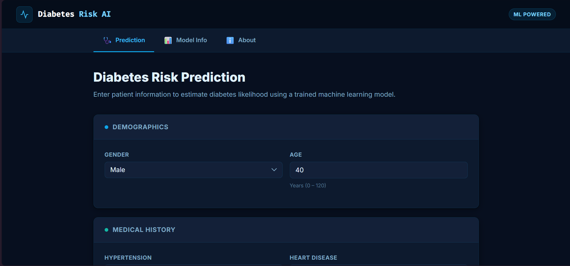 Machine Learning Diabetes Risk Prediction Application screenshot