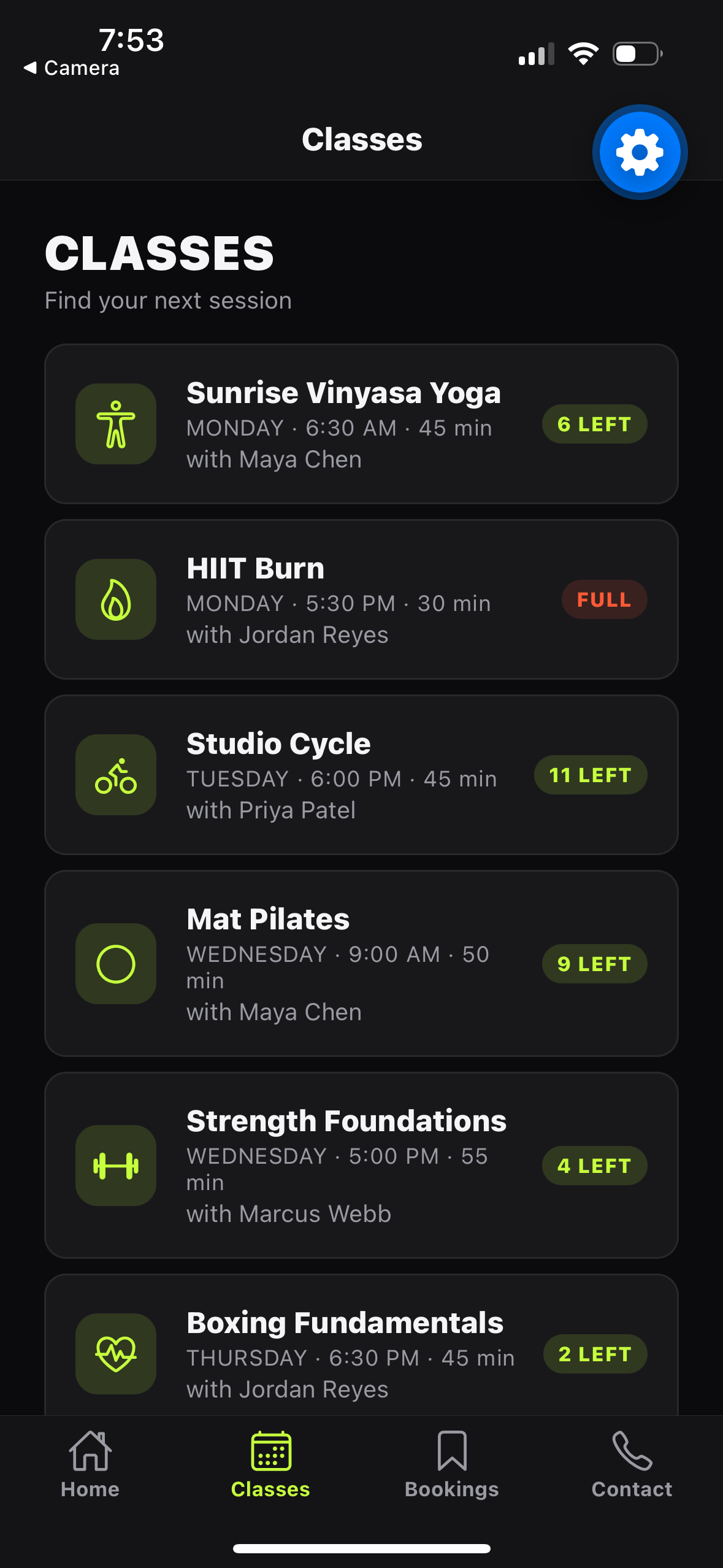 FlexFit Studio app — Classes list