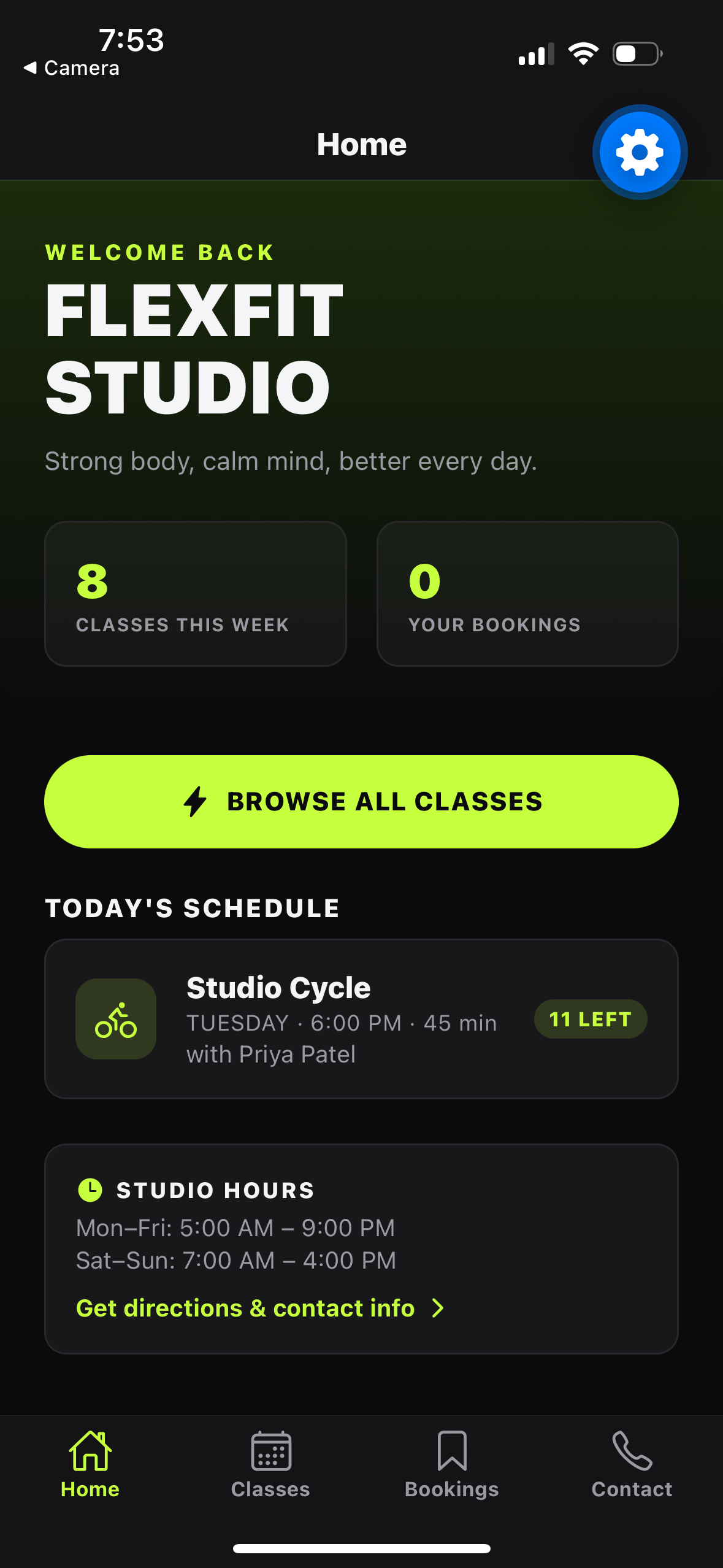 FlexFit Studio app — Home screen