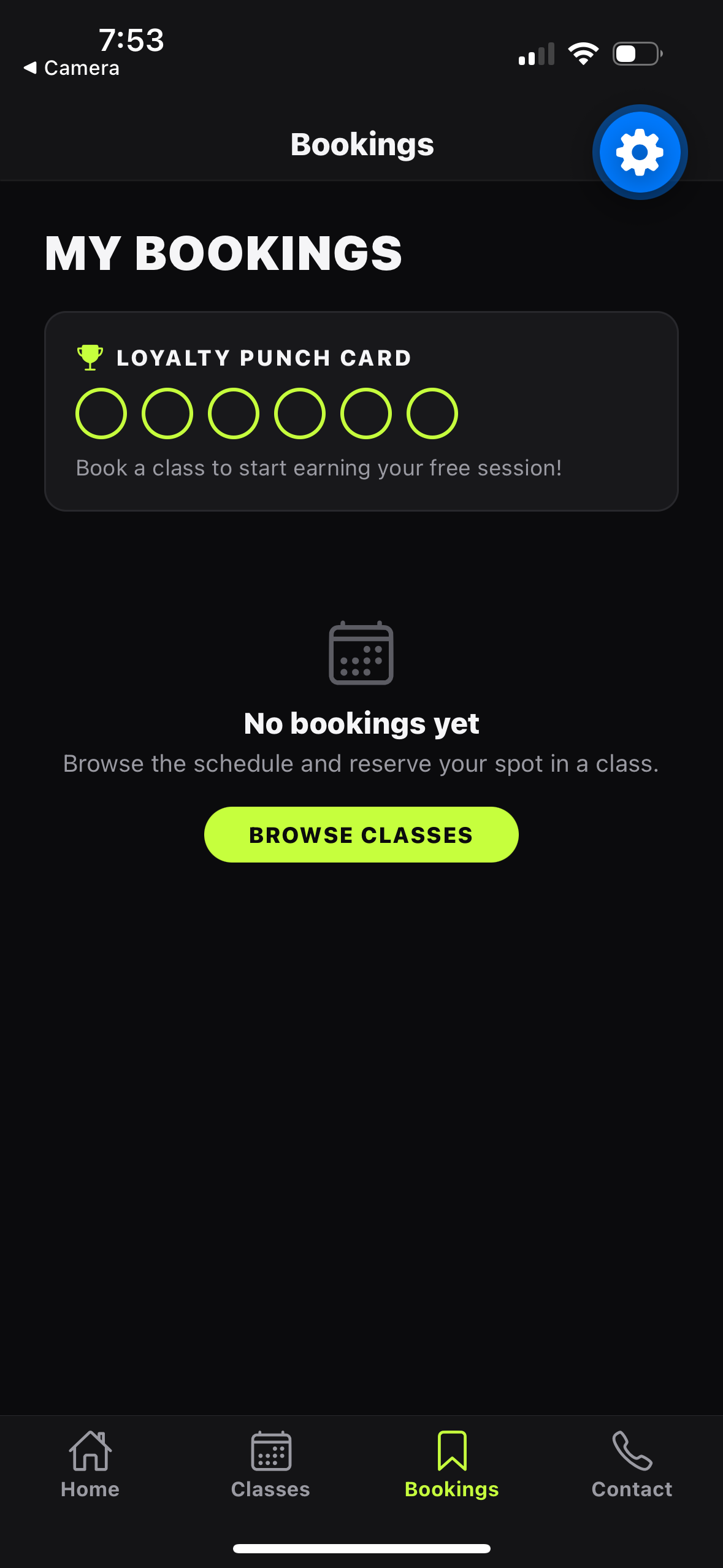 FlexFit Studio app — My Bookings screen