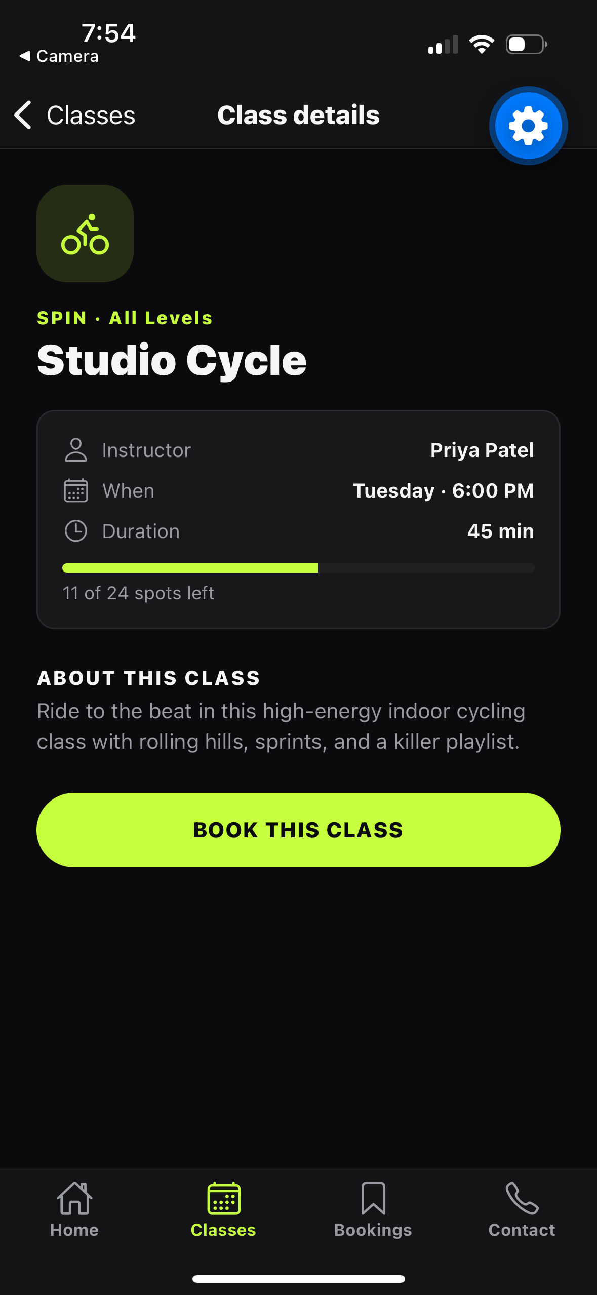 FlexFit Studio app — Class details screen