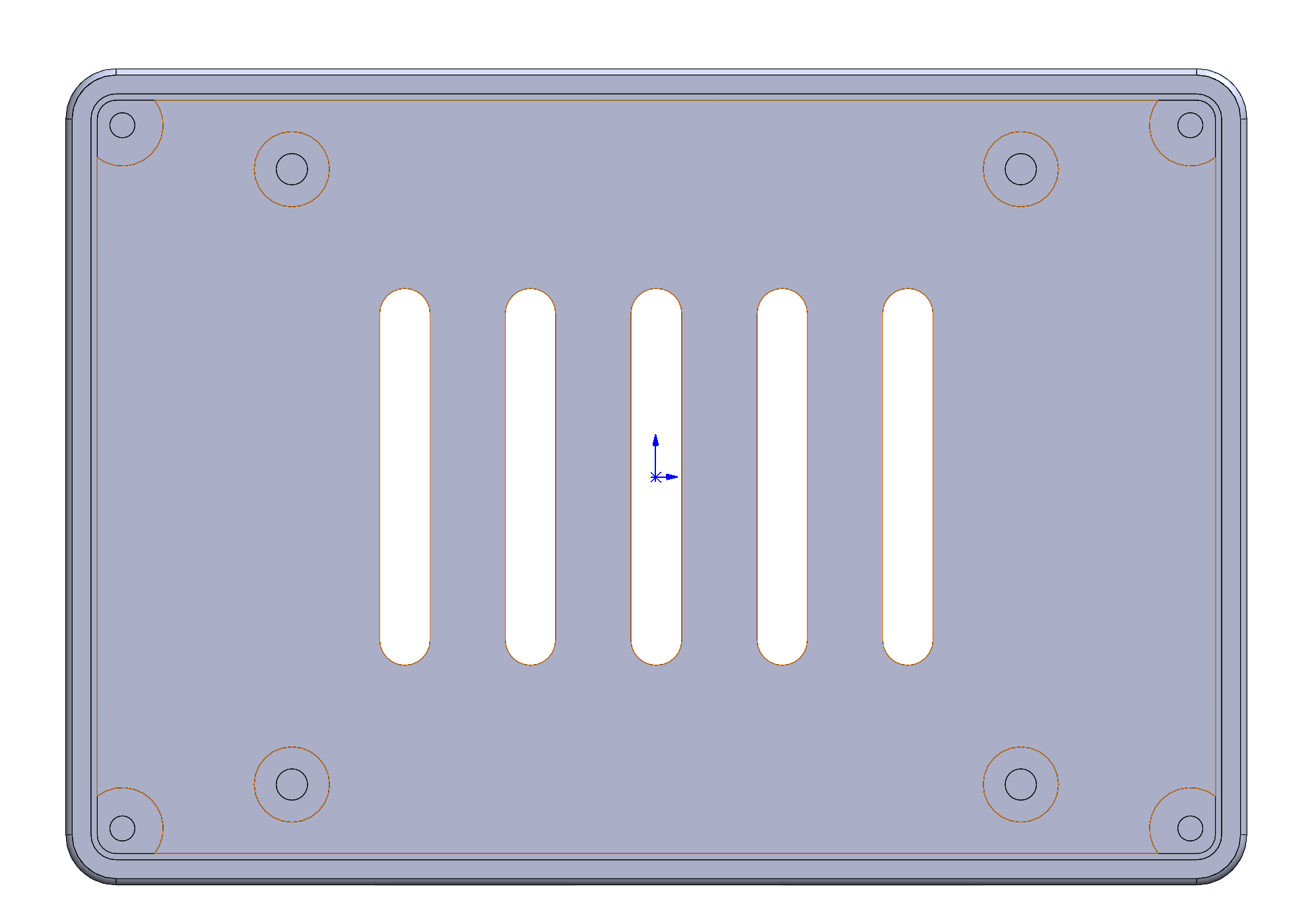 Bottom view of the SBC case shell: five rounded floor-vent slots down the centre, four board standoffs on an inner rectangle, and four corner screw bosses.