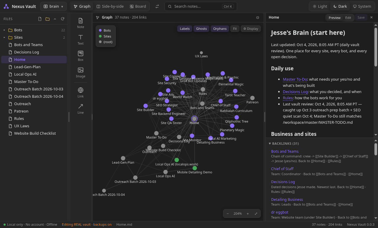Nexus Vault — folder tree, live graph, and note panel