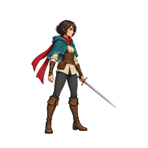 Aria, the approved master still: a young swordswoman with short dark hair, a teal cloak and a long red scarf, side view facing right