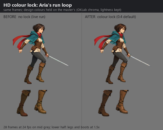 Aria's run loop without and with the HD colour lock; without it the boots shimmer olive and maroon