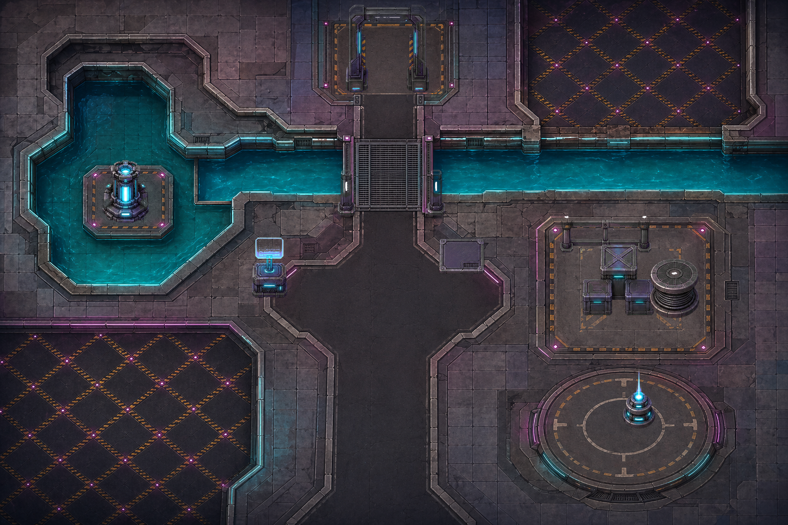 Layered cyberpunk canal RPG map preview